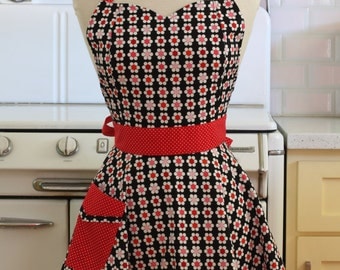 Retro Full Apron Sweetheart Neckline Red and Pink Daisies on Black BELLA