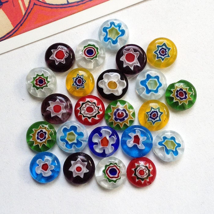 15 millefiori flat Glass Beads 12mm bright round floral