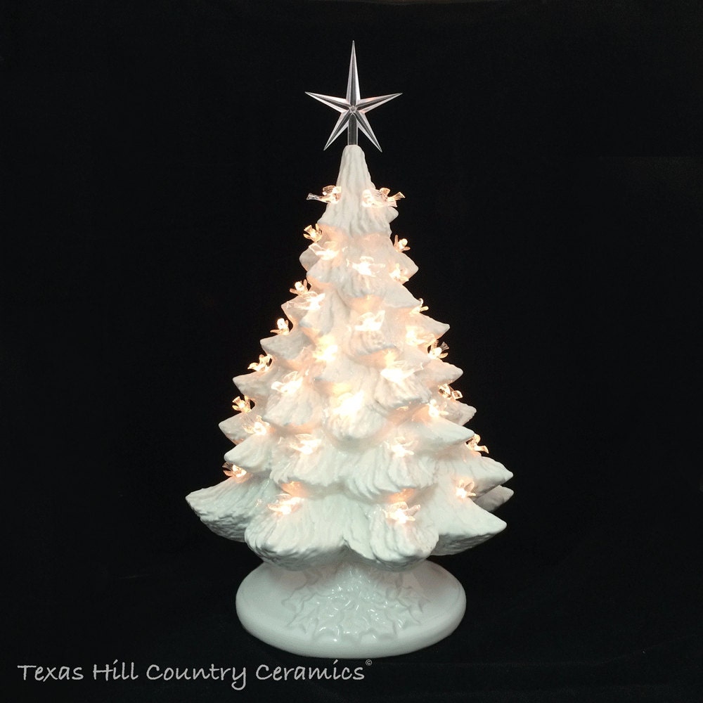 White Ceramic Christmas Tree with Clear Dove Bird Lights and
