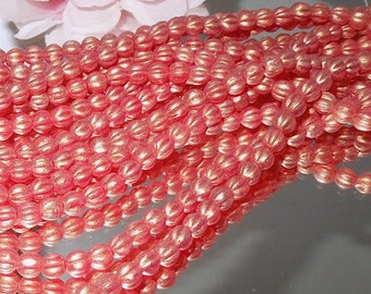 25 Pressed Czech Glass Fluted Suede Melon Beads- Pink Gold Satin- 5mm