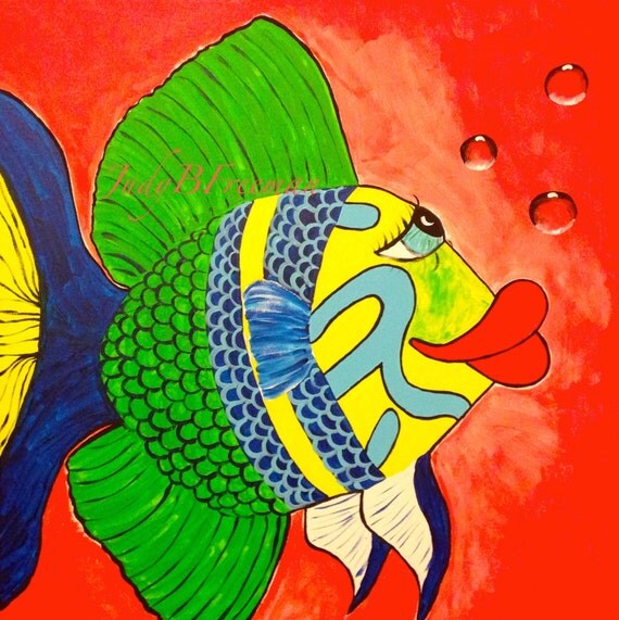 Fish Painting Whimsical Acrylic on 24 x 24 inch Canvas Goldbar