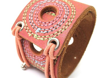 Boho Chic Coral Leather Cuff Bracelet with Circle Stitching and Double Adjustable Elastic Closures, EcoFriendly, Unique, OOAK