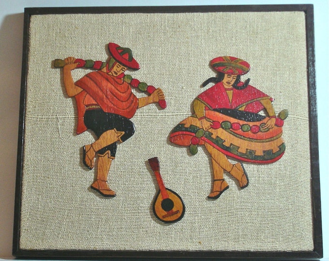 Vintage 1970s Painted Wood Picture Peruvian Dancers Framed