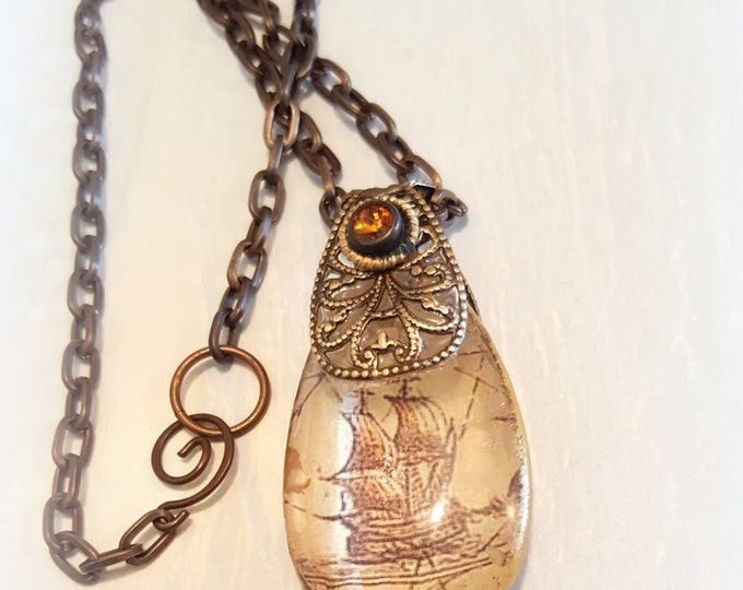 Unique Sailing Ship Pendant, Nautical Jewelry, Vintage Necklace, Vintage Jewelry, Pirate Ship Pendant