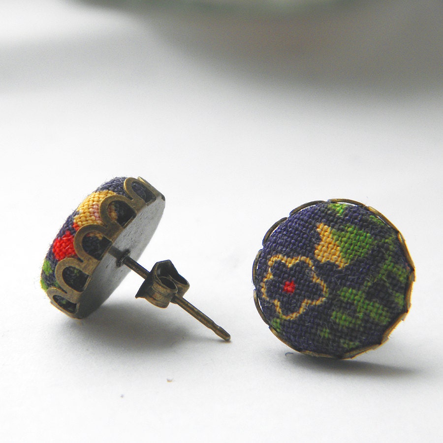 Navy and Gold Fabric Covered Button Stud Earrings.