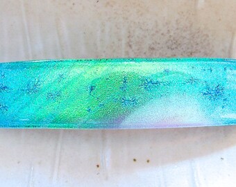 Large Fused Dichroic Glass Barrette, French Made Barrette Clip, Green, Blue