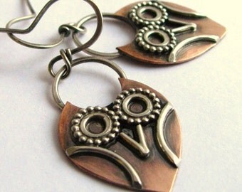 Owl Earrings, Copper Owls, Sterling Silver And Copper Small Owl Earrings, Mixed Metal Earrings, Artisan Jewelry, Mixed Metal Owl Jewelry