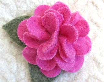 Pink Peony Brooch - Bright Pink Cashmere, Recycled Sweater Wool Flower Pin