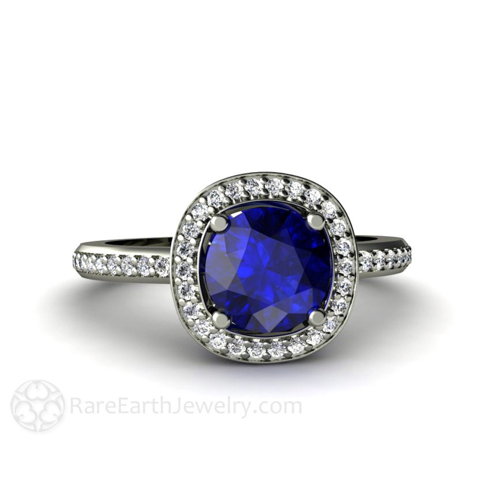 Blue Sapphire Engagement Ring Diamond Halo Sapphire Ring