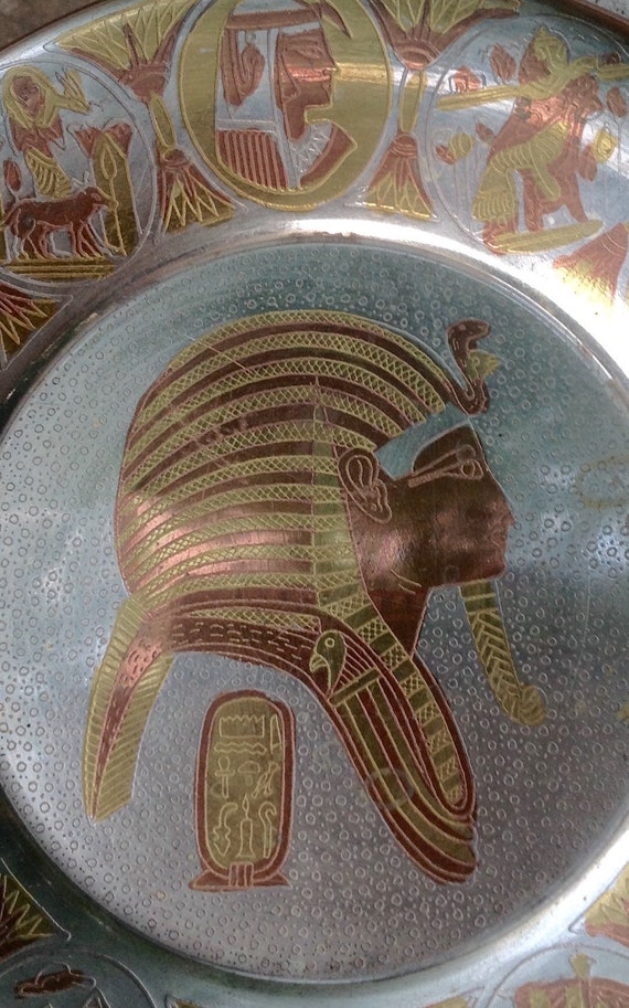 SALE-FREE SHIPPING..Vintage Tri-Color Etched Brass Egyptian