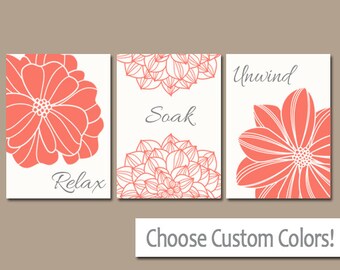 Bathroom Decor, Coral BATHROOM Wall Art, CANVAS or Prints, CORAL Bathroom Artwork, Flower Dahlia Relax Soak Unwind, Quote Bathroom Set of 3