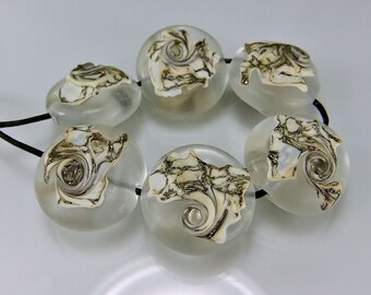 Lampwork Beads Etched Silvered Ivory Organic Lampwork Bead Set