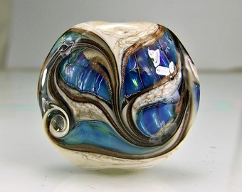 Glass Lampwork Focal Bead Antique Ivory Blue Green Goldstone