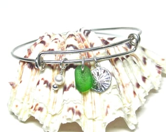 Green Adjustable Sea Glass Bangle Bracelet | Beach Glass Bracelet | Adjustable Sterling Silver Bangle | Bangle Bracelet | Sand Dollar