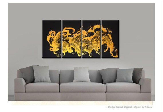 4pc Abstract Art Painting on Canvas 72x36 Original Gold