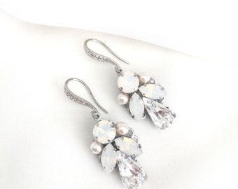 White Opal and Pearl Rhinestone Bridal Earrings, Swarovski Earrings, embellished earrings, rhinestone wedding earrings, crystal bridal