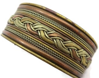 Copper Cuff Bracelet - Woven Wire, Mixed Metals, Silver Copper Brass, Adjustable Boho Style