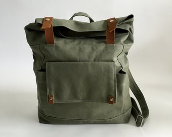 Olive leather canvas backpack , Back to school backpack ,Unisex travel satchel Rucksack, Canvas diaper backpack /SALE 30% - no.105 ALLISON