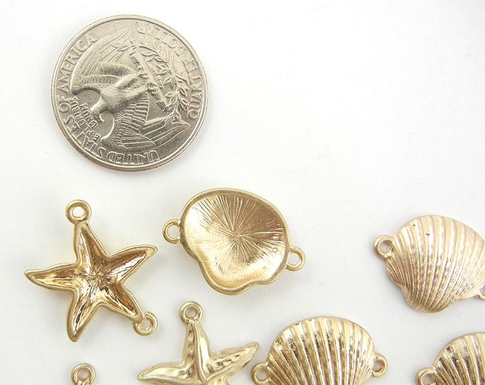 9 Small Marine Shell and Starfish Charms Double Link Gold-tone