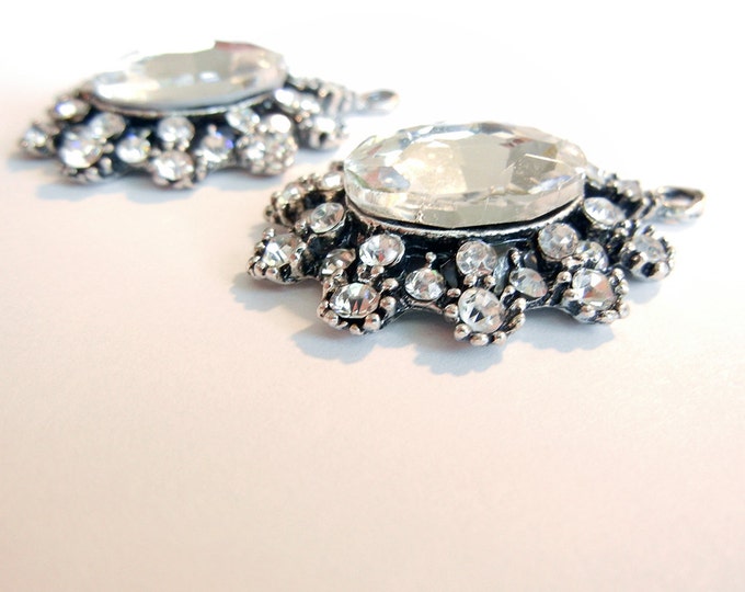 Pair of Oval Crystal Pave Antique Silver-tone Charms