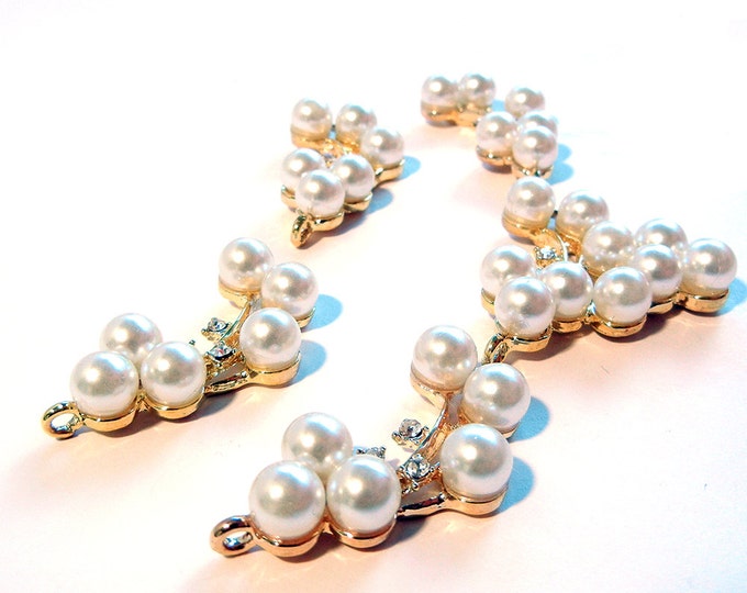 Set of 5 Faux Pearl and Rhinestone Double Link Charms Gold-tone