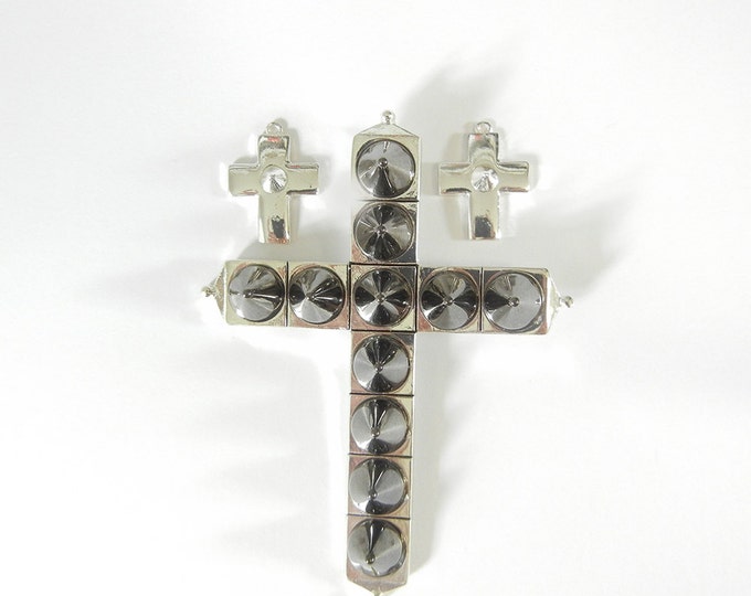 Set of Two Tone Spiked Cross Pendant and Silver-tone Cross Charms