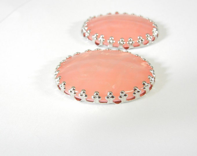 Pair of Oval Acrylic Peach Shell Slide Charms with Decorative Silver-tone Edge