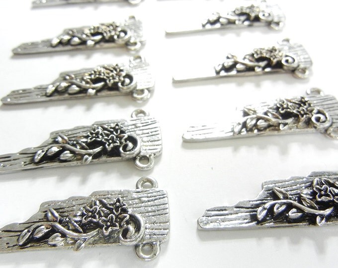 Set of 10 Long Floral Themed Double Link Charms Antique Silver-tone