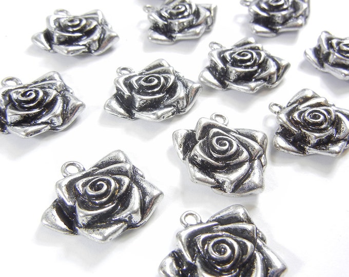 Set of 12 Antique Silver-tone Flower Charms