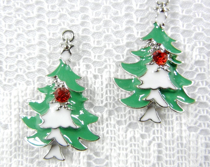 Pair of Christmas Tree Charms Green and White Epoxy Red Rhinestone