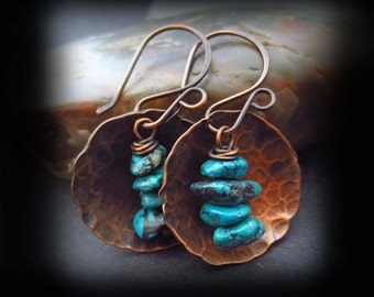 Rustic Hammered Copper and Turquoise Earrings - Hammered Copper Earrings - Antiqued Copper Artisan Earwires - COPPER AND TURQUOISE