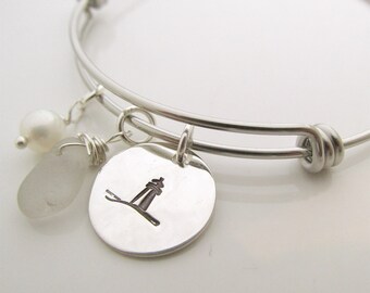 Lighthouse Bracelet- Sea Glass bracelet - hand stamped jewelry - custom jewelry - Lake Erie Beach Glass Jewelry