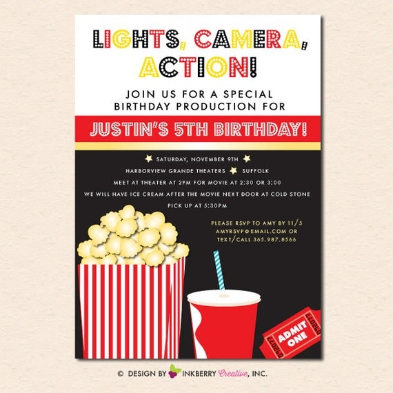 Movies &amp; Popcorn Birthday Party Invitation (Digital File OR Cardstock ...