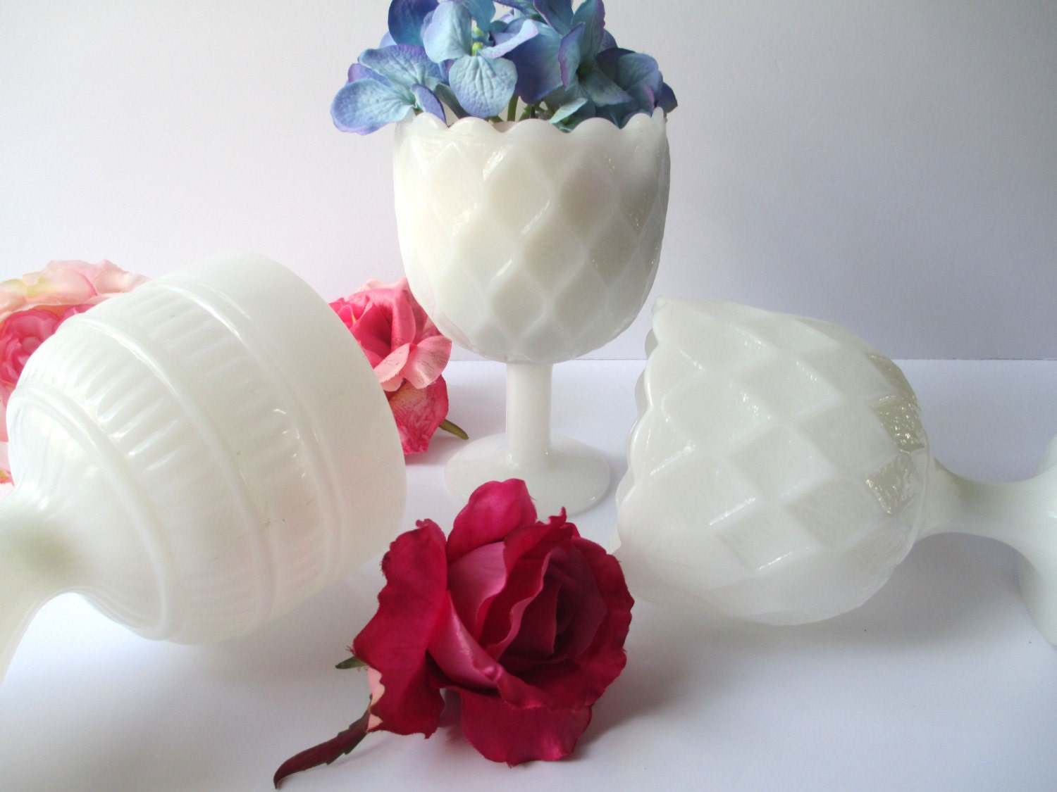 Vintage Milk Glass Footed Vase/Planter Trio Wedding Decor
