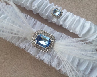 Something Blue Bridal Garter Set Ostrich Feather White Blue Rhinestone Accents Bridal Garter Wedding Garter