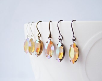 Audrey Earrings in Swarovski Sand Opal AB - One pair of Navette Earrings - Choose your setting colour.