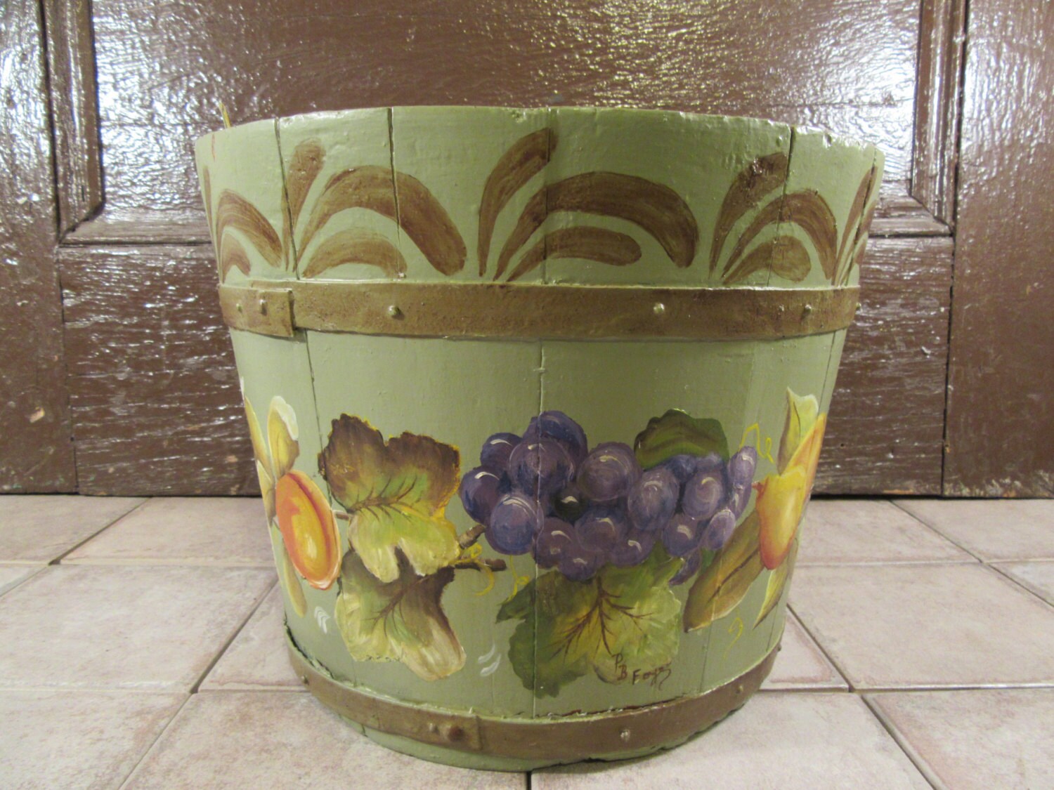 Vintage tole painted wood slat bucket hand painted
