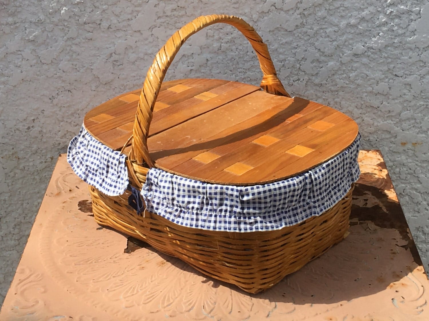 Wooden Picnic Basket with DoubleHinged Woven Wood Lid Blue