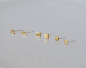Geometric Earrings, Tiny Earrings, Earring Set, Stud Earrings, Stud Earring Set, Three Pairs, Brass Earrings, Golden Earrings, Minimal