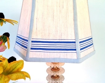 Blue Lamp Shade Nautical Lampshade Stripe Vintage Mangle Cloth, Small Shade 7x10x7 clip Hex - Handmade Lampshade, Easy clip top
