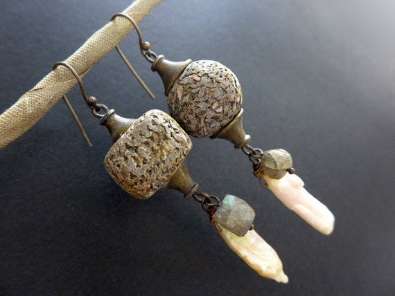 Pliocene. Rustic assemblage earrings with biwa pearl, labradorite and polymer art beads.