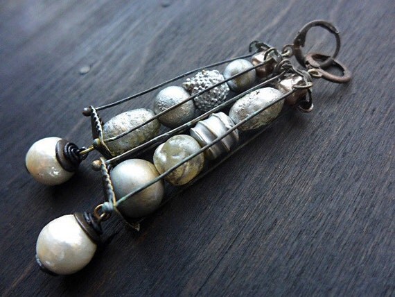 Frostfell. Primitive caged pearl earrings. Mixed media assemblage jewelry. Vintage baroque glass pearls.