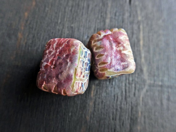 Broken Rainbows- rustic crackle polymer clay art bead pair (2) in rectangular cubes- handmade artisan beads- lavender, violet, plum, purple