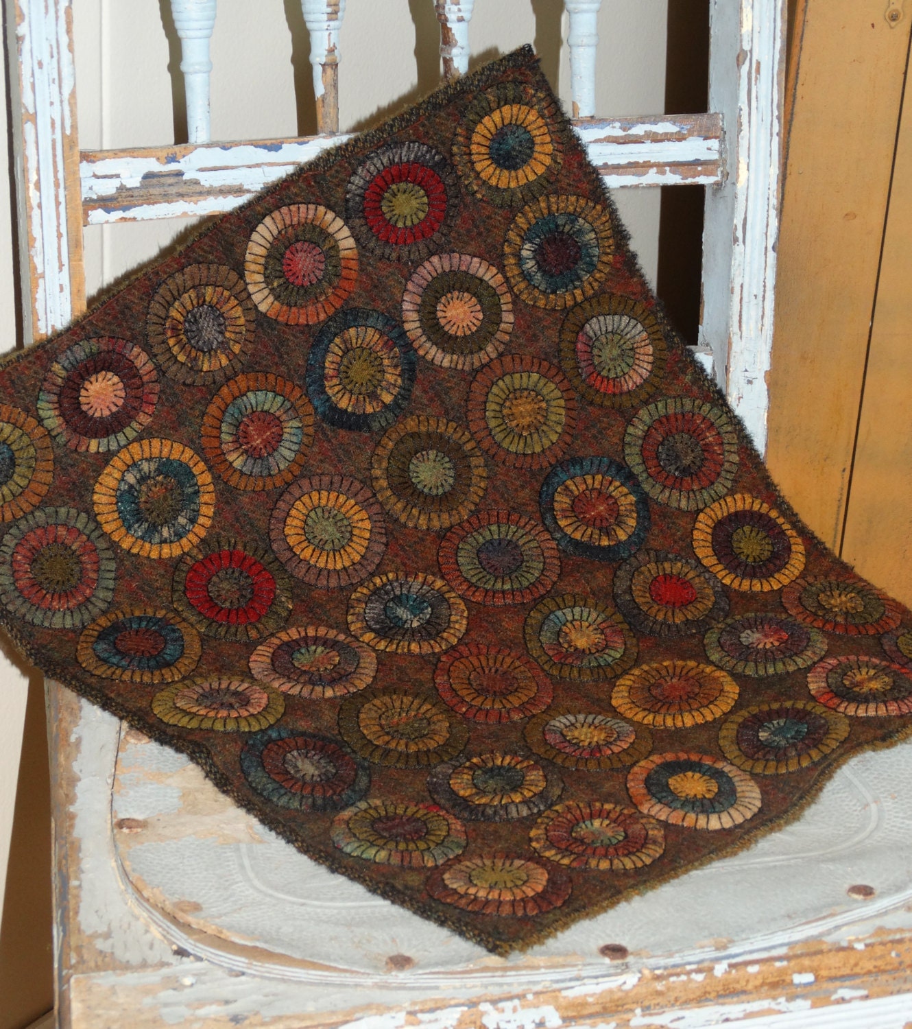 Handmade Primitive Wool Penny Rug Triple layers pennies in