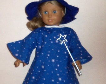 18 inch Doll Wizard Costume, Felt Wizard Hat, Long Blue Dress, American Made, Girl Doll Clothes