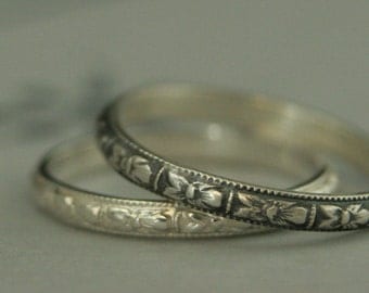 Silver Wedding Band--Women's Wedding Ring--Thin Renaissance Design--Vintage Style Orange Blossom Band--Antique Style Patterned Ring