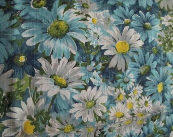 Fun Vintage Floral Daisies Fabric Blues Green Grey Yellow 2 yds +