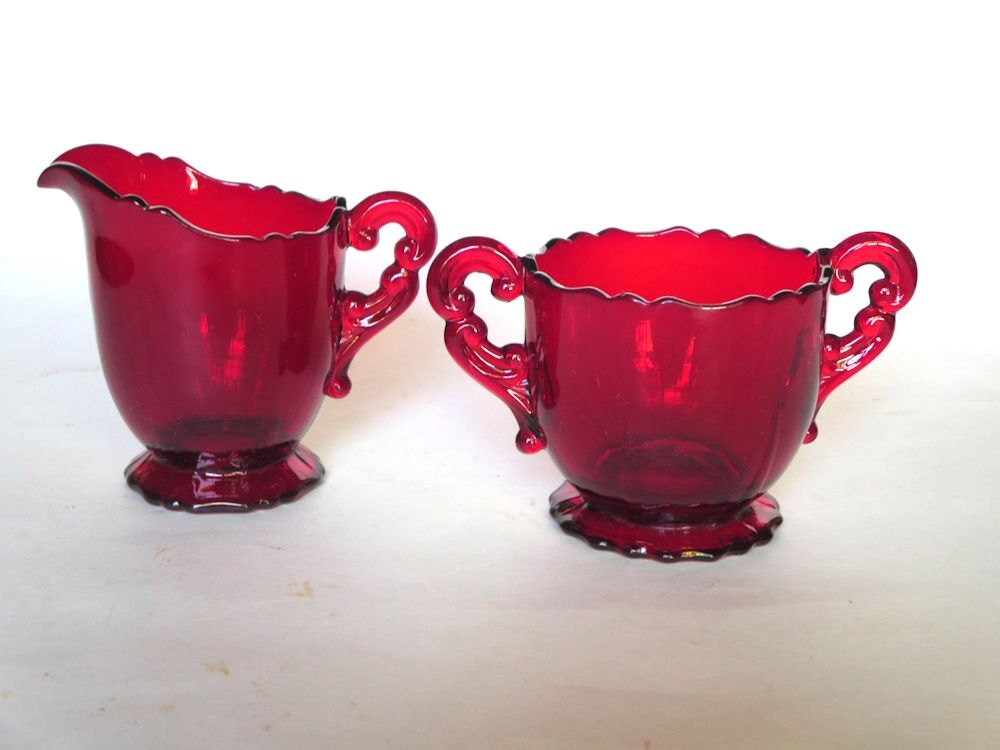 Cambridge Glass Carmen Ruby Red Sugar Bowl and Creamer Deco