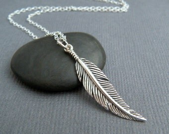 sterling silver feather necklace. small boho pendant simple delicate dainty charm bohemian rustic everyday jewelry layered. layering. 1 1/4"