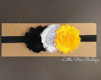 Black and Gold Shabby Flower Headband - Mizzou Headband -Baby Headband - Girls Headband - Flower clip